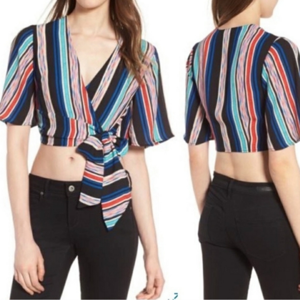 Lush Short Sleeve Striped Wrap Crop Top XL